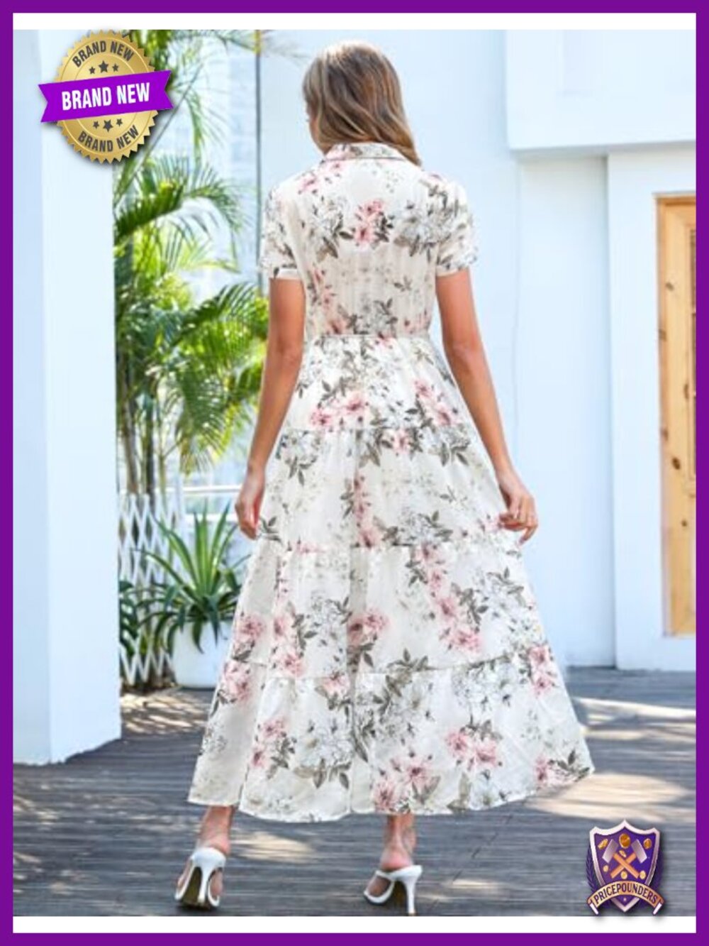 V-Neck Button Down Short Sleeve Chiffon Maxi Dress with Pockets - Picture 2 of 6
